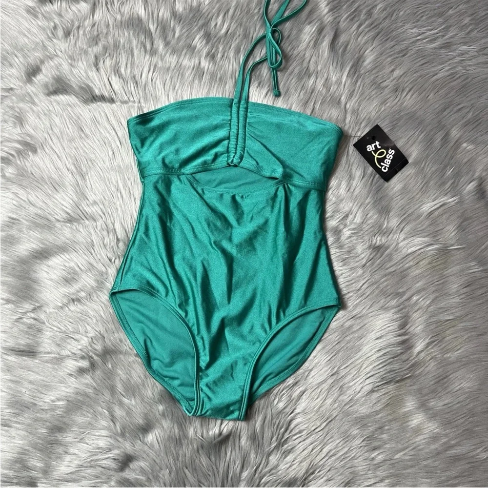 Art Class Target Girls Green One Piece Cut Out Halter Swimsuit XL 14